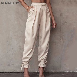 2021 Spring Summer Women Lace Up High Waist Pant L
